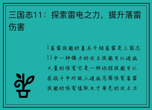三国志11：探索雷电之力，提升落雷伤害